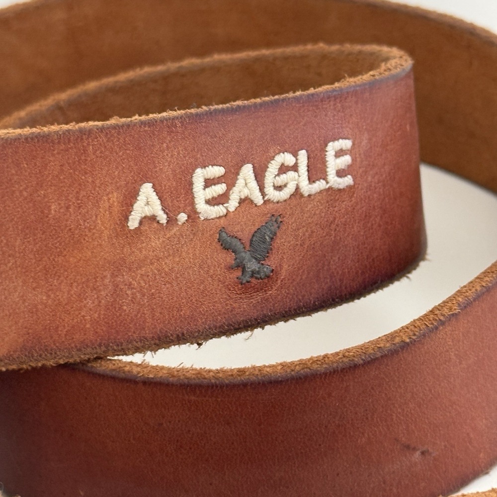 VTG AMERICAN EAGLE Belt Brown Leather Sz 32 Embroidered Eagle - Picture 3 of 14